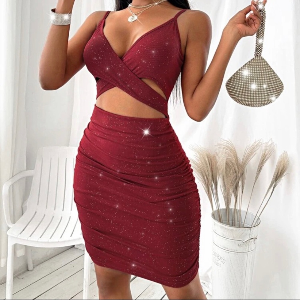 SHEIN SXY Wine Red Criss Cross Cutout Bodycon Dress